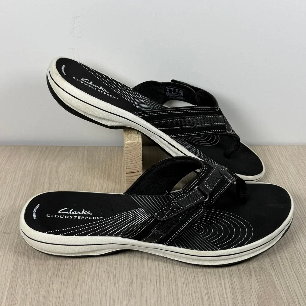 Clarks Cloudsteppers Arla Glitz Black Thong Sandals Womens 9 Adjustable Strap